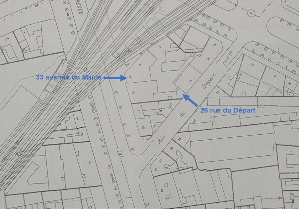 Plan cadastral autour de la rue du Départ, entre l'avenue du Maine et le boulevard Edgar Quinet.